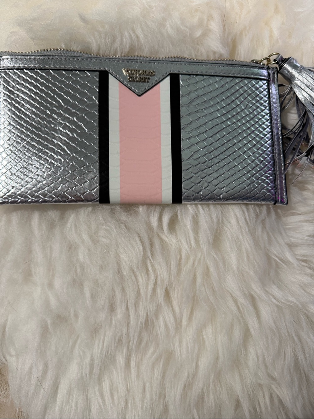 Victoria's Secret  2010 Silver Wristlet  with Pink, White and Black Stripes